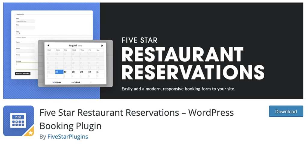 Five Star Restaurant Reservations – WordPress Booking Plugin