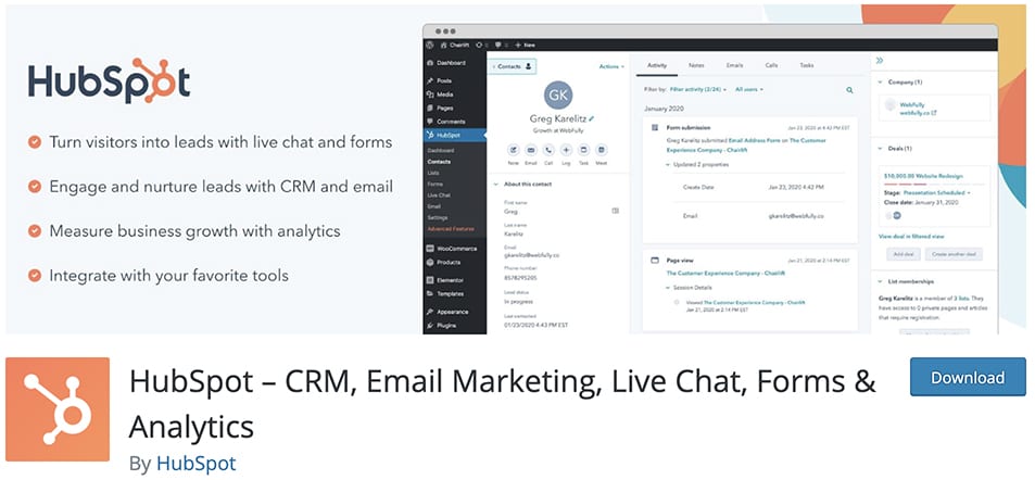 HubSpot – CRM, Email Marketing, Live Chat, Forms & Analytics