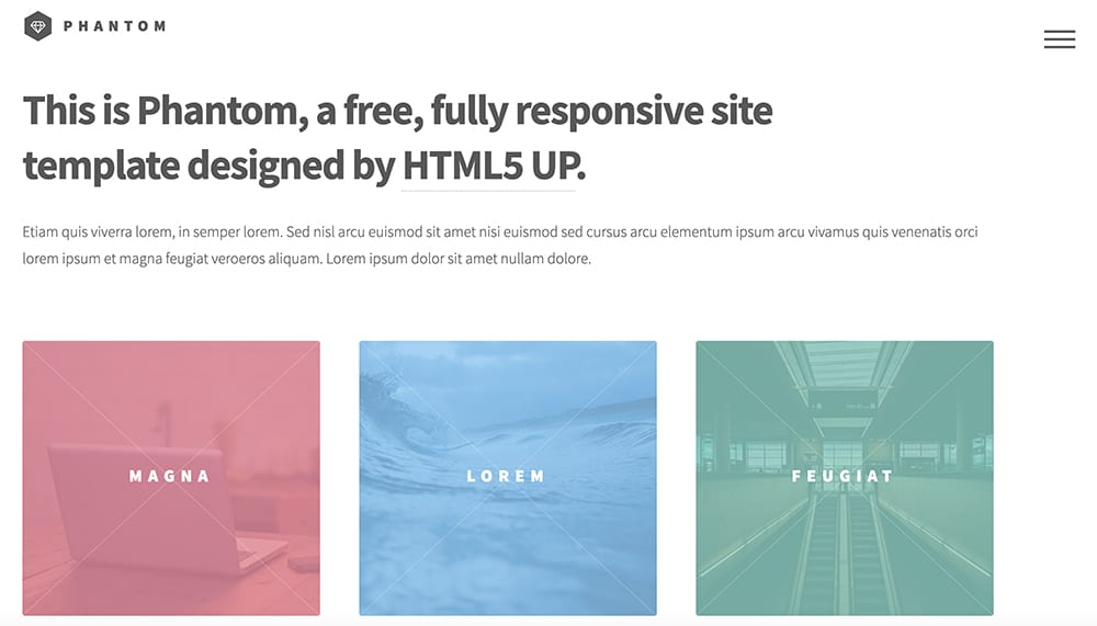 Phantom fully responsive well coded HTML5 template with grid box layout, perfect for portfolio or creative agency firm looking for simple to display site. 