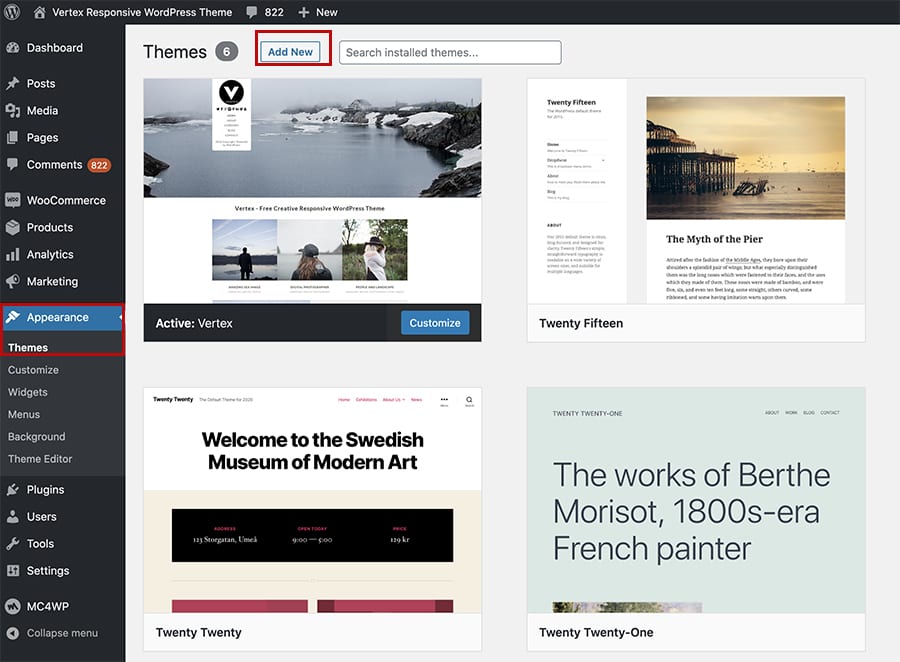 WordPress - Appearance -- add new theme