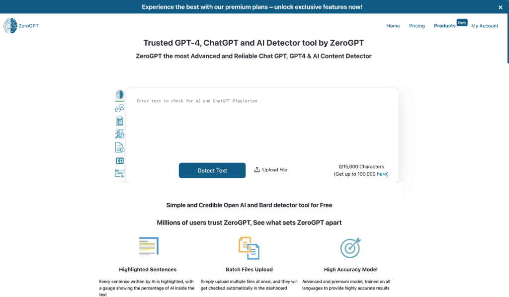 ZeroGPT is an AI Detector tool to detect text that is generated by ChatGPT with a very high accuracy rate. In addition, ZeroGPT has an AI Paraphraser, AI Summarizer, AI Grammar and spell checker, Word counter, Citation generator, and Advanced AI chatbot.