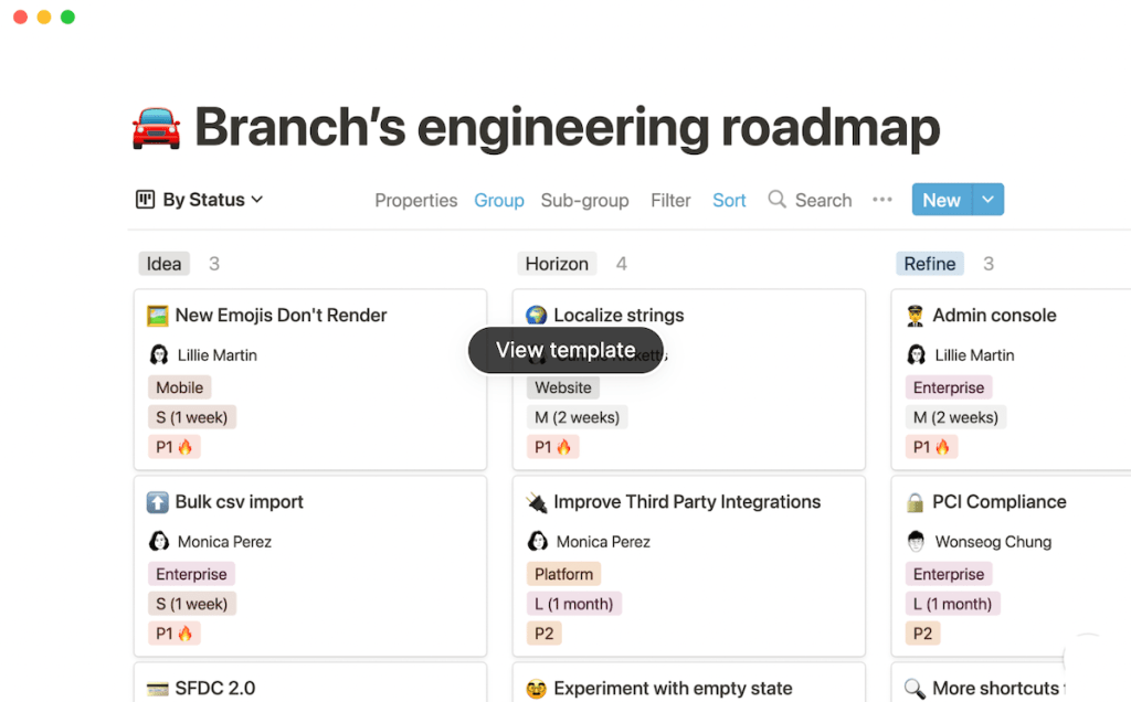 Notion Branch's engineering roadmap template