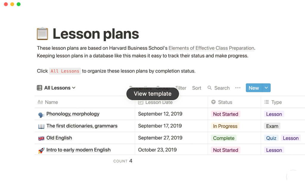 Notion Lesson Plans template