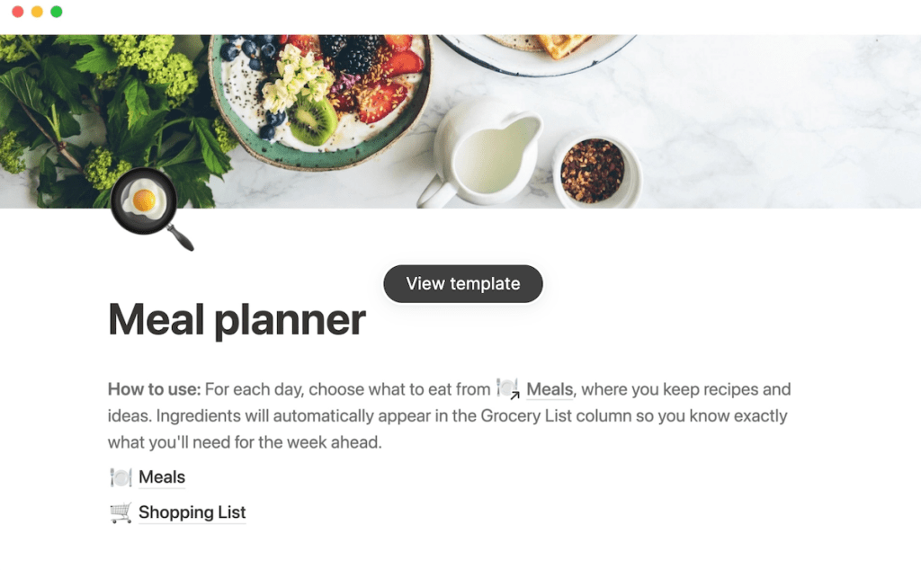 Notion meal planner template